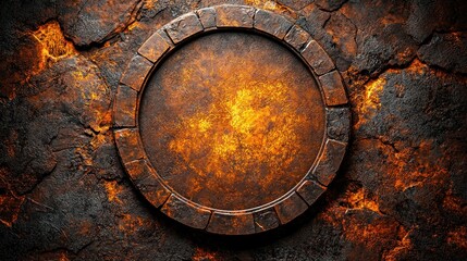 Fiery stone frame background, volcanic texture, circular design, emblem