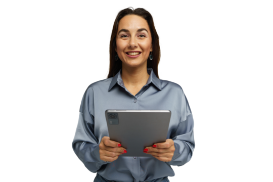 Smiling woman holding a tablet in a comfortable indoor setting with a relaxed demeanor