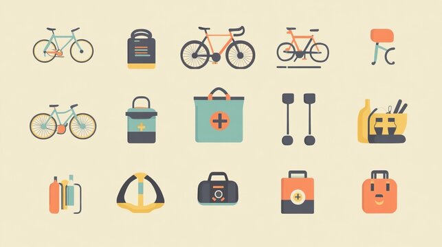 Cycling Gear Icons Bicycle accessories, tools, and bags;  pastel background; website design elements