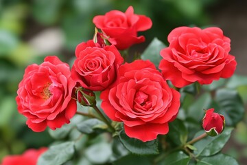 Obraz premium A beautiful arrangement of vibrant red roses in full bloom against a blurred green background.
