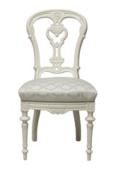 Elegant white chair with patterned upholstery and decorative carvings.