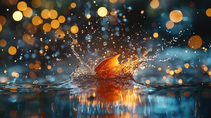 Fototapeta premium Orange Splash Into Dark Water With Bokeh Effect