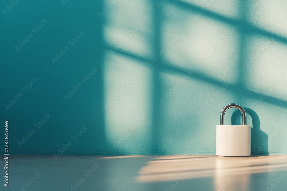 Aufkleber a white padlock rests on a polished wooden surface, illuminated by soft sunlight, set against a mute