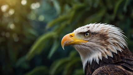 Fototapeta premium Portrait of a bald eagle. A majestic bird perched on a tree branch.