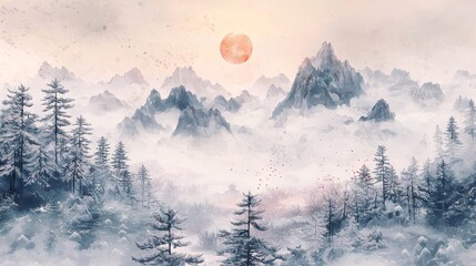 Serene Winter Mountainscape - A breathtaking winter scene, showcasing majestic mountains shrouded in mist, a large red sun, and a tranquil forest.