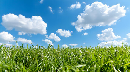 Obraz premium Green grass field under blue sky with fluffy clouds; nature background