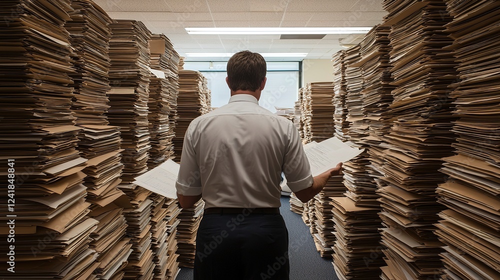 Poster auditor analyzing detailed reports in a professional office setting document management insightful w