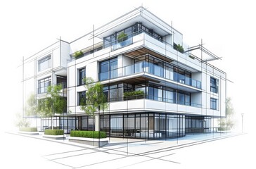 3D architectural sketch of modern residential apartment buildings, showcasing contemporary urban design, structural planning, and innovative real estate development concepts