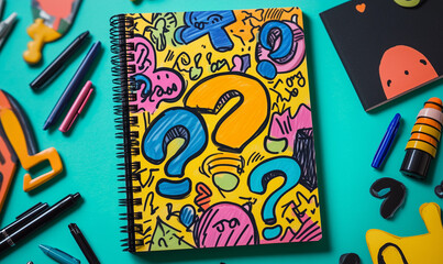 Colorful Notebook with Doodles of Question Marks to Inspire Curiosity and Creative Thinking