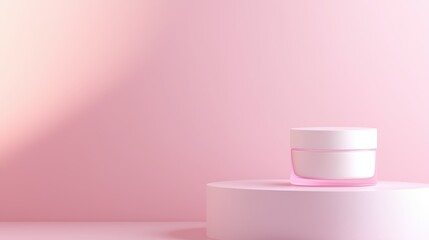 Pink Cream Jar Mockup: A pristine white cream jar with a delicate pink lid sits elegantly on a minimalist pink cylindrical pedestal against a soft pink backdrop, bathed in a warm, inviting light.