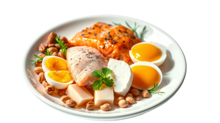 Photo of a plate of healthy foods salmon, chicken, eggs, cheese an nuts isolated on transparent background