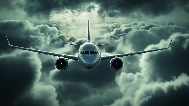 Stormy skies with an airplane navigating through dark clouds during an intense flight