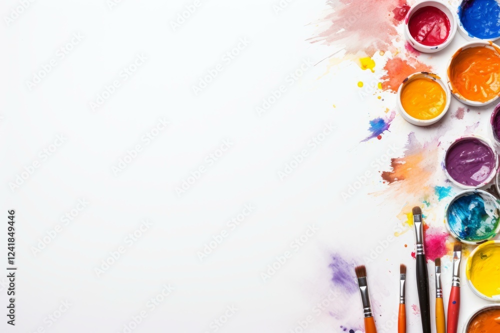 Poster colorful gouache pots and paintbrushes creating vibrant splashes on a pristine white canvas, perfect