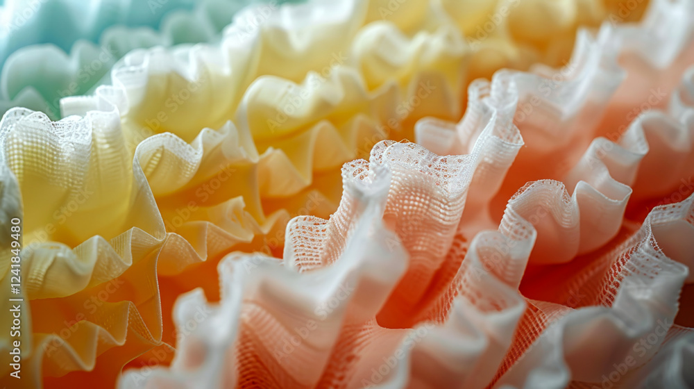 Poster soft pastel ruffles in a close-up view create a layered texture of fabric. concept of delicate, colo