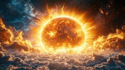 Fiery sun rising above clouds, cosmic background, fantasy art