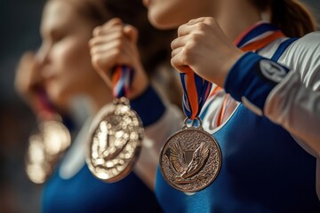 Gymnasts proudly display their medals on the podium during the award ceremony celebrating their achievements in gymnastics