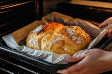 Freshly baked bread is being pulled out of the oven by a cook with a golden crust and warm interior in a kitchen setting