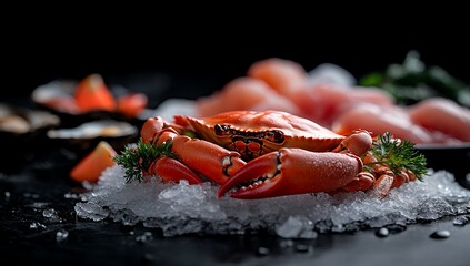 Fresh red crab, served on ice with other seafood delicacies, ready to be enjoyed