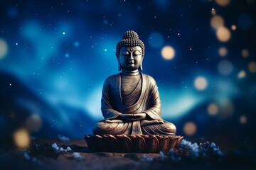 Buddha statue radiating serenity while meditating under a starry night sky, creating a peaceful and spiritual atmosphere