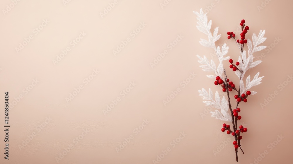 Aufkleber a single christmas branch with frosted leaves and vibrant red berries is elegantly displayed on a ne