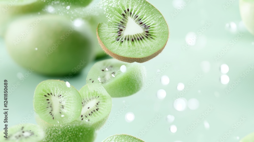 Poster bright kiwi slices glisten in soft light, showcasing fine texture and shiny flakes floating against 