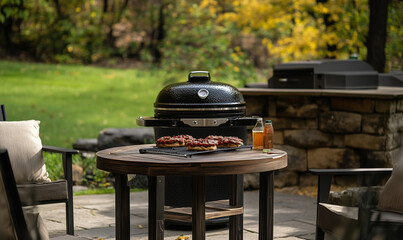 Charcoal Grill with Burgers on Patio Table, Creating a Perfect Outdoor Dining Experience with Family and Friends