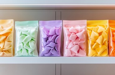 Pastel-colored marshmallow candies in individual clear plastic bags are neatly arranged on a white shelf