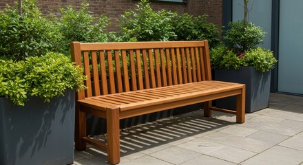 Fototapeta premium A modern outdoor bench crafted from polished wood slats with a simple clean design
