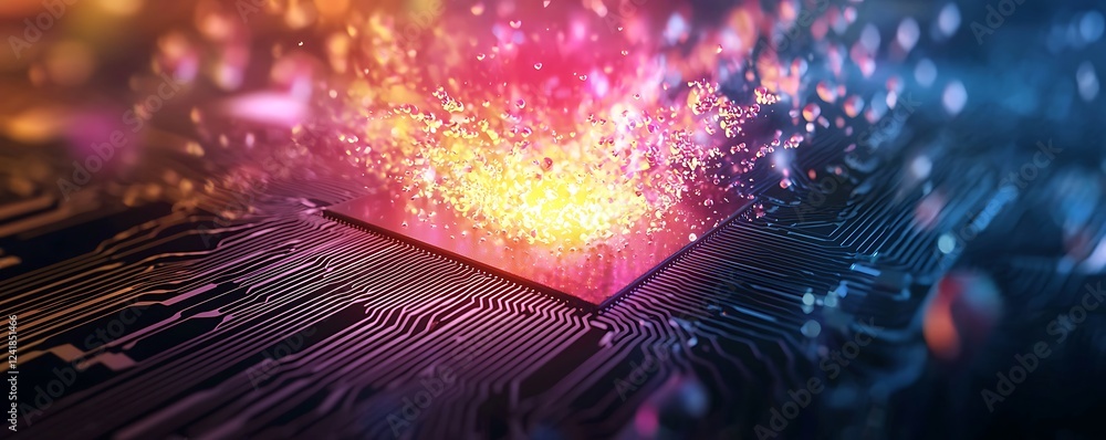 Poster quantum computer technology concept, featuring a futuristic circuit board design with waves and quan