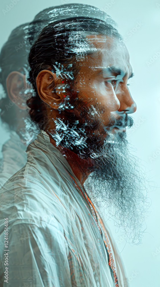 Poster man with long beard in profile view, overlaid with digital patterns. concept of introspection and te