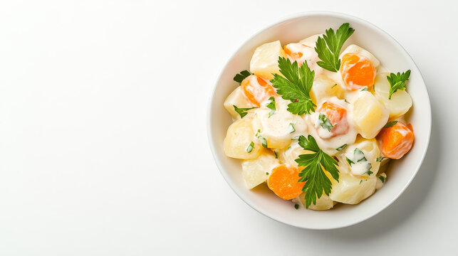 Hearty ensalada rusa featuring chunks of potatoes and carrots surrounded by a creamy mayonnaise dressing against a minimalist background