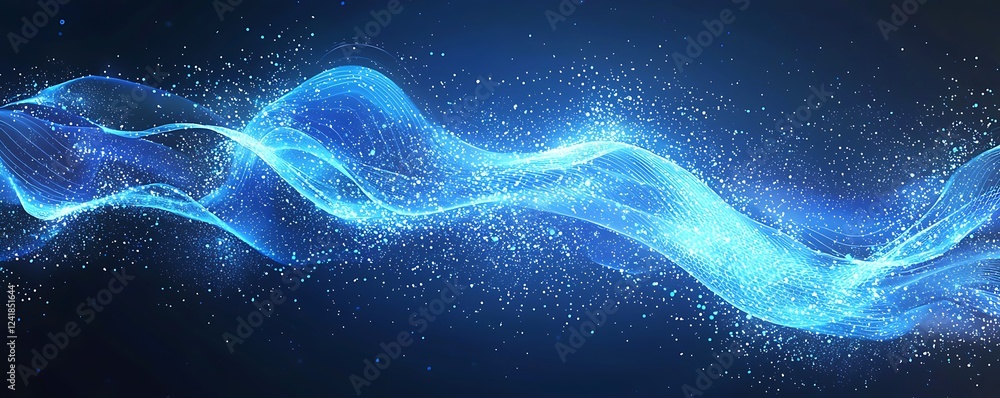 Poster quantum computer technology concept, featuring a futuristic blue circuit board design with flowing w