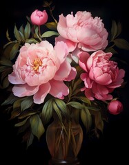 Rosa Pfingstrosen, schwarzer Hintergrund