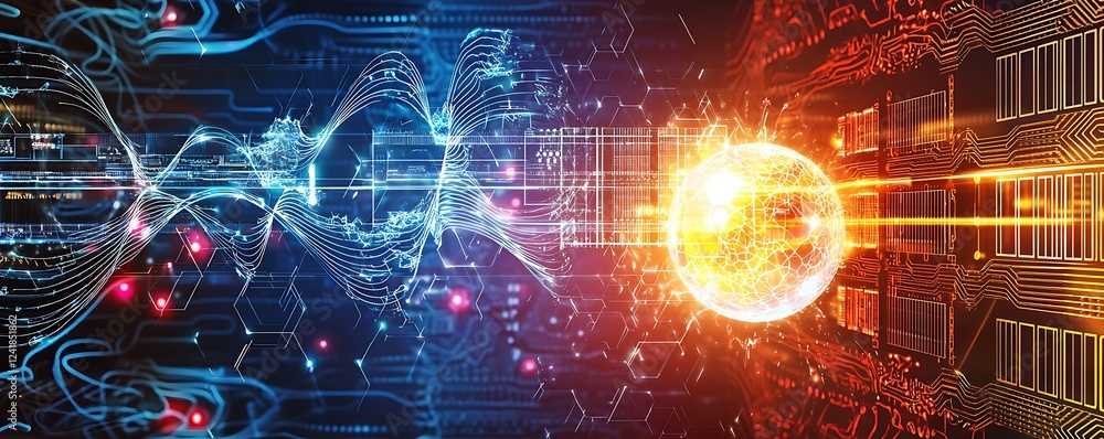 Poster quantum computer technology concept, featuring a futuristic circuit board design with waves and quan