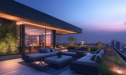 Obraz premium Modern Rooftop Terrace with Digital Landscape Design – A Stunning Outdoor View with Futuristic Touches