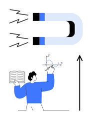 Magnet emitting lines person with open book drawing graph upward arrow. Ideal for education, science, learning, academic pursuit, analysis, upward growth, knowledge expansion. Line metaphor