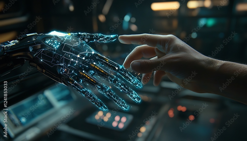 Poster robotic and human hand interaction over a futuristic ai-powered network connection