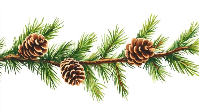 Lush Green Cedar Limb Highlighted with Cones on Pristine White Background