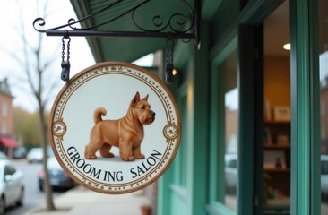 Advertising sign with the image of a silhouette of dogs, placed at the entrance to a grooming salon. Entrance group of a beauty salon for animals, business of grooming salons, veterinary clinics, care
