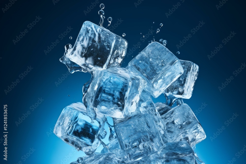 Poster ice cubes splashing with water against a vibrant blue background, creating a refreshing and cool vis