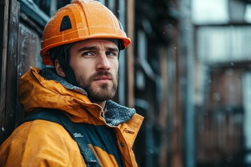 A handsome male builder wearing an orange helmet and waterproof jacket stands at a construction site, looking pensively at the surroundings