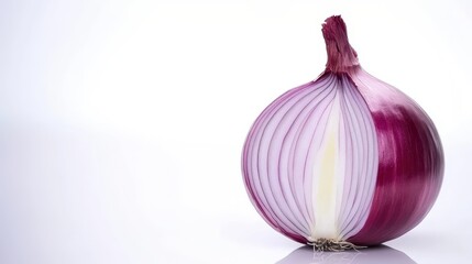 Red onion halved, revealing deep purple layers with glossy, translucent surfaces against pristine white background, emphasizing natural vegetable anatomy and vivid coloration