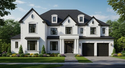 A luxurious traditional style two story house with a white facade and black accents