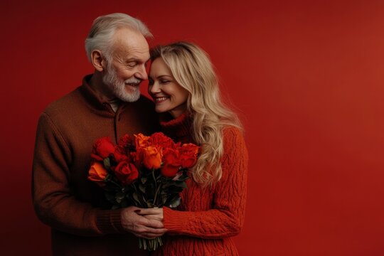 Handsome senior man and mature woman share a joyful moment, smiling and embracing while holding a bouquet of vibrant roses in a warm atmosphere - Powered by Adobe