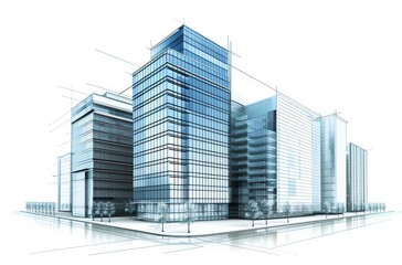 Fototapeta premium 3D architectural sketch of a modern city skyscraper and office building, illustrating contemporary urban development, structural design, and futuristic real estate concepts