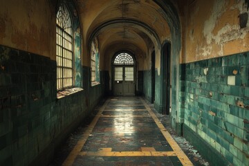 Fototapeta premium A corridor in a dilapidated hospital shows peeling paint, broken tiles, and an eerie silence, highlighting the chaos of its past