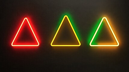 Neon triangles, dark wall, abstract art