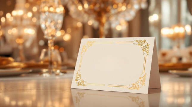 Elegant wedding place card mockup in opulent ballroom setting, luxury