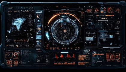 Fototapeta premium Sci-fi HUD dashboard with dynamic blue futuristic visuals on a virtual screen