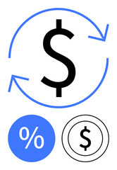 Fototapeta premium Circular arrow around dollar sign, percentage symbol in blue circle, and dollar sign within black circle. Ideal for finance, currency, exchange system, savings, investment, money management economic